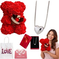 PREZENT NA WALENTYNKI MIŚ Z RÓŻ 23 CM + NASZYJNIK SERCE ZESTAW DLA NIEJ