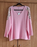 Made In Italy elegancka różowa damska bluzka kwiatowe zdobienia UNI