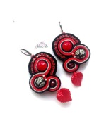 Kolczyki Sutasz Fimo Listek Kryształki Soutache Czerwony Srebrny