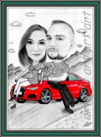 Karykatury wesołe dla kierowcy na prezent ręcznie rysowany nie wydruk