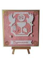 ZAPROSZENIA KOMUNIA DZIEWCZYNKA KIELICH Z GOŁĘBIAMI – K4 – RÓŻ – BIEL