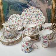 Serwis kawowy Roslyn – 6 os., angielska porcelana, złocenia