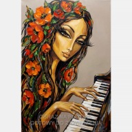 Kobieta w kwiatach gra na pianinie obraz na płótnie 55x80 canvas olejny art