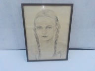 obrazek rysunek za szkłem dziewczyna z warkoczami 81r oryginał