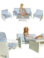 Błękitne i białe mebelki drewniane do domku dla lalek prezent na urodziny