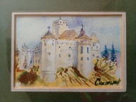 Zamek na skale - piękna miniatura oprawiona za szkłem