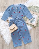 NOWY komplet jeansy mom jeans haftowane wisienki katana jeansowa 80cm