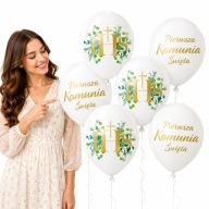 BALONY NA KOMUNIĘ ŚWIĘTĄ ZIELONE BIAŁE ZŁOTE ZESTAW 18 SZT KOMUNIJNE