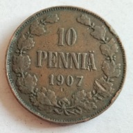 moneta Finlandia pod okupacją 10 pennia 1907 car Mikołaj II orzeł (2)