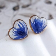 Kolczyki złote serca z chabrami, sztyfty, prezent dla żony na urodziny