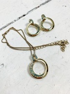 Złoty komplet biżuterii vintage kolczyki łańcuszek z niebieskimi cyrkoniami