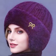 CZAPKA ZIMOWA JESIENNA ocieplana gruba polar fiolet futrzana kokarda