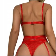 Komplet bielizny z siateczki 4-częściowy podwiązki z pasem kolor czerwony L
