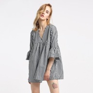 M A N G O sukienka babydoll oversize kratka krata mini boho gingham retro L