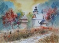 Łopienka cerkiew pejzaż Akwarela Sabina Salamon 28x38