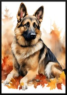 A2 59,4x42 PLAKAT OBRAZ PIES OWCZAREK NIEMIECKI JESIEŃ AKWARELA DO SALONU..