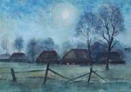 Akwarela Sabina Salamon 40x30 pejzaż noc chaty
