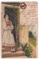Zielone Świątki dziewczyna Karczma droga Mailick 1903r. LITOGRAFIA Tłoczona
