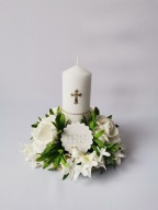 Komunia Święta Świeca Duża Na Drewnie Kwiaty Białe Brokat - Ecri