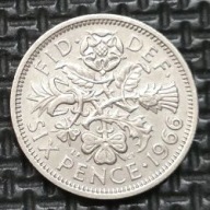 *WIELKA BRYTANIA [0841] *SIX 6 PENCE 1966 *Elizabeth II, Róża Tudorów, oset