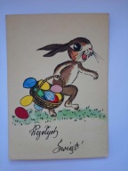 WESOŁYCH ŚWIĄT - stara kartka świąteczna - Zając niosący kosz z pisankami