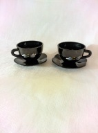 Szkło czarne Piękne filiżanki 2 szt. + TALERZYKI RĘCZNIE MALOWANE