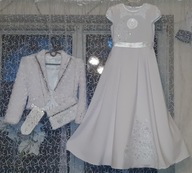 SUKIENKA BIAŁA KOMUNIA 134 IMPRESJA TOREBKA RĘKAWICZKI BOLERKO KORONKA