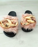 KLAPKI złoty łańcuch z futerkiem róż 40