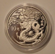 ROK SMOKA - CHIŃSKI ZNAK ZODIAKU - 10 YUAN CHINY, POSREBRZANY, RZADKOŚĆ
