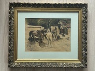 7561) STARA AKWARELA POLSKA SCENA RODZAJOWA