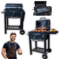 GRILL OGRODOWY WĘGLOWY DUŻY ŻELIWNY RUSZT Z POKRYWĄ + TERMOMETR POPIELNIK