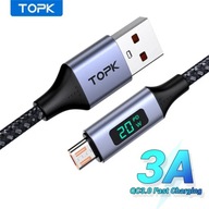 TOPK MicroUSB: Kabel z LCD Szybkie Ładowanie 3A i Przewód 1m Szary + Oplot