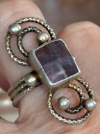 Pierścionek obrączka stary srebrny kamień fioletowy kulki