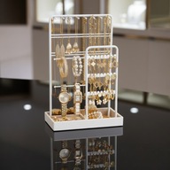 BIAŁY STOJAK NA BIŻUTERIĘ Z AKSAMITNĄ TACĄ METALOWĄ RAMĄ ORGANIZER UCHWYT