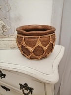 Doniczka ceramiczna, gliniana, oplatana ratanem w stylu boho