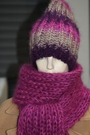 KOMPLET CZAPKA szalik RĘKODZIEŁO MOHER fuksia