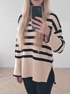 Beżowy sweter w czarne paski rozm. uniwersalny