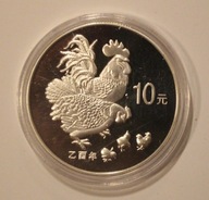 ROK KOGUTA - CHIŃSKI ZNAK ZODIAKU - 10 YUAN CHINY, POSREBRZANY, RZADKOŚĆ