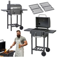 GRILL WĘGLOWY OGRODOWY PRZENOŚNY DUŻY ŻELIWNY RUSZT PODWÓJNY+ TERMOMETR