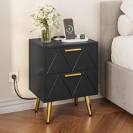 Stolik nocny z złotymi metalowymi nogami, 2 porty USB i gniazdka, czarny