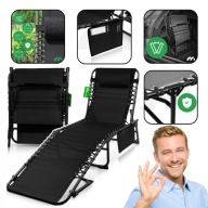 LEŻAK OGRODOWY SKŁADANY LEŻANKA FOTEL PLAŻOWY Z KIESZONKĄ I PODUSZKĄ CZARNY
