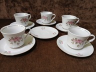 KAROLINA FILIŻANKI i SPODKI RÓŻOWE KWIATY lata 70 STARA PORCELANA KOMPLET
