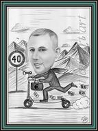 Karykatura portret ze zdjęcia na hulajnodze