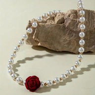 NASZYJNIK wisiorek czerwona róża słowiański retro czarny styl bordo perła