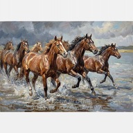 Konie biegnące po wodzie obraz olejny na płótnie 55x80 jezioro morze brąz