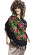 duża CHUSTA wełniana wełna w kwiaty z frędzlami 112x118