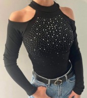 Czarna bluzka z cyrkoniami odkryte ramiona