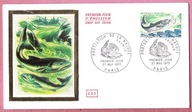 Francja 1972, FDC st. Paris, ryby łosoś, JEDWAB