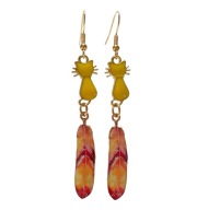 Kolczyki z kotem i piórem, żółty i pomarańczowy