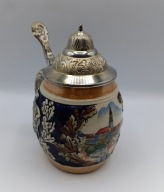 Kufel kolekcjonerski KING z lat 50tych XXw ceramika + cyna - 300ml